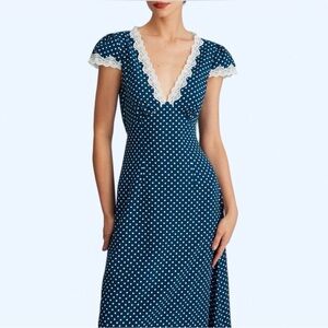 Elegant RIHOAS Blue Polka Dot Dress with Lace Trim~L